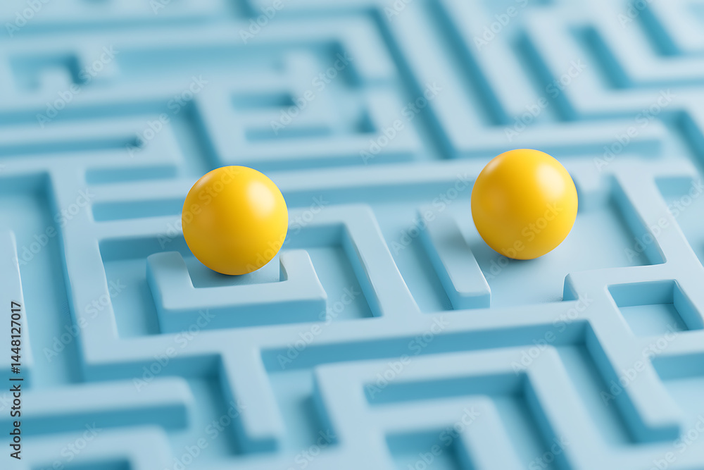 Poster two yellow spheres navigate a blue maze, representing problem-solving and strategic thinking in a ch