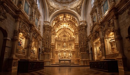 Fototapeta premium Stunning baroque church interior with ornate gold detailing and intricate architectural design.