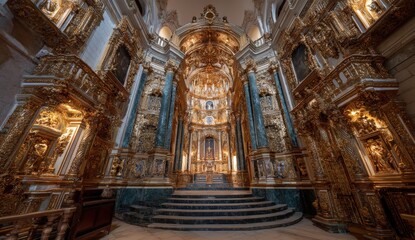 Ornate gold and marble cathedral interior with intricate carvings and grand altar.