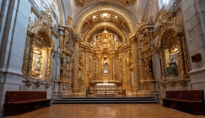 Fototapeta premium Lavish interior of a historic cathedral with ornate golden details and archways.