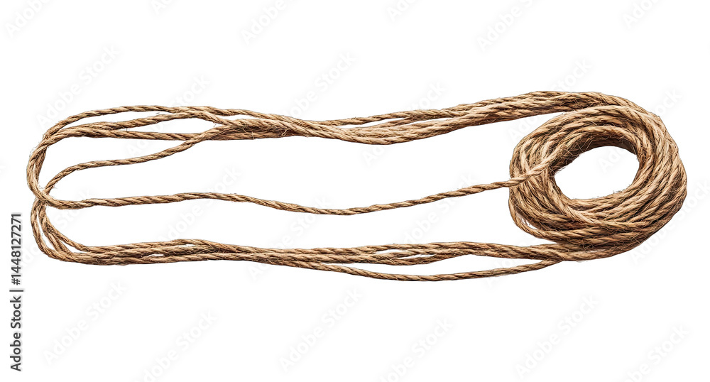 Poster a close-up view of a coiled natural jute rope lying on a wooden surface. showcasing its texture and 