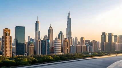 Fototapeta premium Modern skyscrapers and skyline view from rooftop in morning light. Urban architecture and business concept. Design for banner, poster, wallpaper