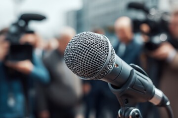 Mic in focus amid hazy camera crew and reporters at press event