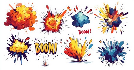 Obraz premium Cartoon comic explosions fire smoke set vector