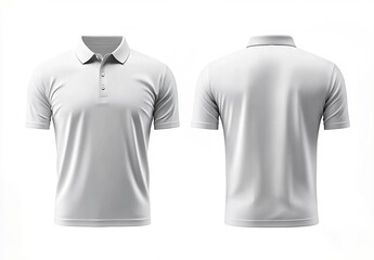 White polo shirt with collar, buttons, and chest logo front/back.