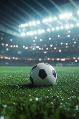 Fototapeta premium Soccer Ball on Dewy Green Field at Night Under Stadium Lights