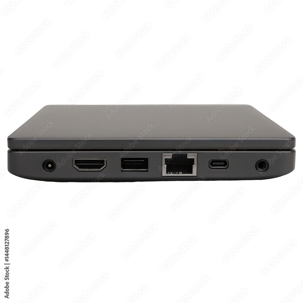 Aufkleber side profile of a sleek black digital hub, showcasing multiple input and output ports for modern ele