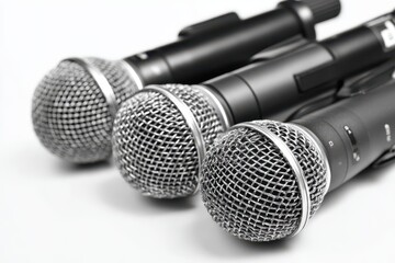 Microphones for a press conference on a white backdrop