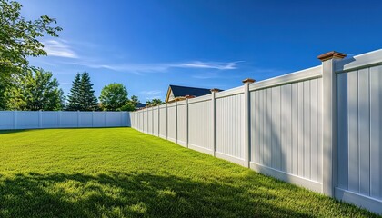 Obraz premium Manicured lawn with white-beige fence and trees under blue sky.