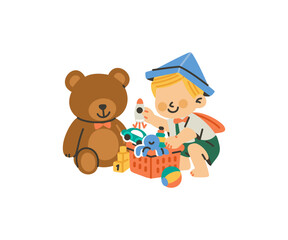 Little boy picking up his toys to store in the small container. Illustration of toddler put toy to the box, children organizing household chores, vector isolated on white background