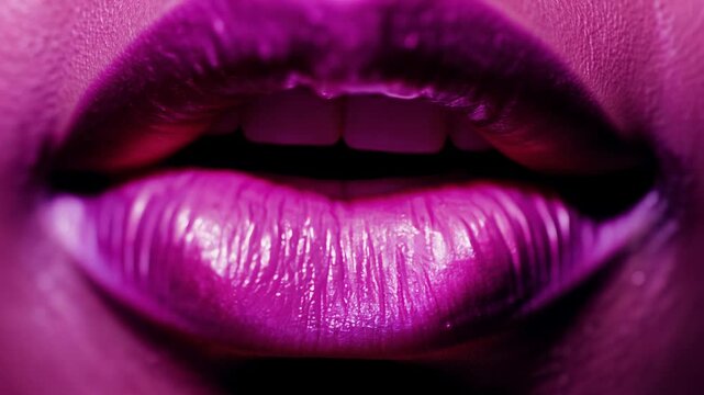 Close-up handheld video of a dark-skinned man in magenta kissing a fair-skinned woman with matte magenta lips under high contrast lighting Concept of intimacy and contrast