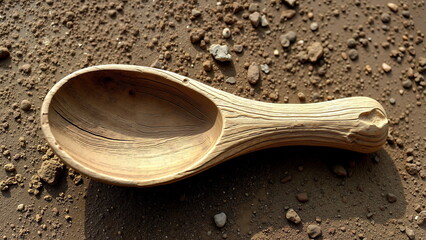 A handmade wooden spoon made from driftwood lies on the ground, the wood embodies the concept of recycling and reusing things.