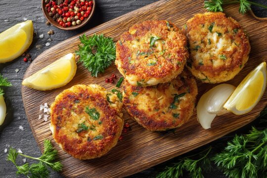Minced fish cutlets on a serving board overhead view