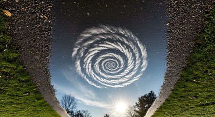 Sky Reflection in Puddle with Cloud Spiral Pattern Nature Landscape