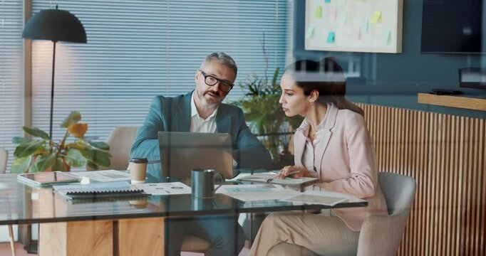 Office, collaboration and business people with laptop for discussion, bookkeeping and audit report. Teamwork, mature accountant and auditor with tech for talking, financial research and review notes
