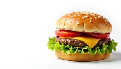 Isolated burger with sesame seed bun on white, cheese, appetizing, delicious