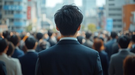 Plakat Man in suit faces crowd in city street back view urban environment.