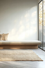 Minimalist living room with natural light and wooden furnishings in a contemporary home setting