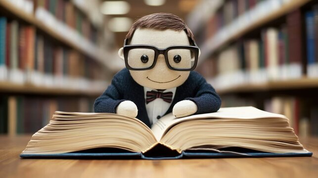 A stuffed toy man wearing glasses and a bow tie, reading a book in a library.