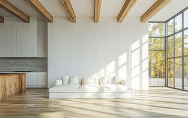 Modern minimalistic living room with large windows and sunlight streaming in