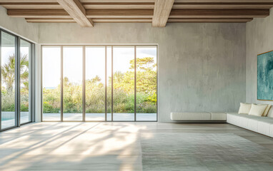 Fototapeta premium Modern interior with large windows offering natural light in a serene setting