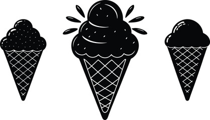 Ice Cream Cone Silhouette Vector Set, Black Ice Cream Icons Isolated on White, Waffle Cone Ice Cream Silhouette Collection, Ice Cream Clipart Set in Black Silhouette Style, Minimal Ice Cream Vector.