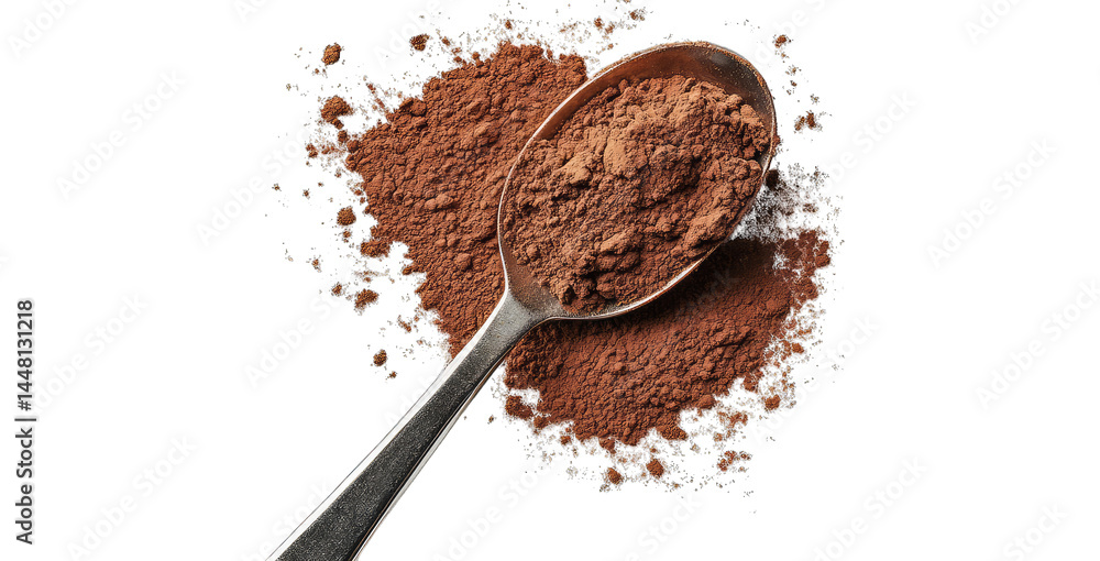 Poster a close-up view of a silver spoon filled with rich cocoa powder. placed atop a scattered pile of the