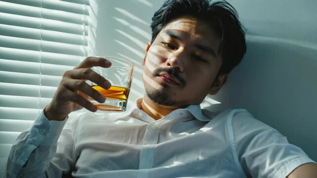 A solemn drinker in white shirt twirls alcohol pensively in a quiet afternoon corner. Concept of loneliness, regret, and substance dependence.