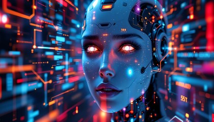 Cybernetic Woman: A futuristic female cyborg, her face a blend of human and machine, gazes intensely.  Neon lights and circuit patterns illuminate her surroundings.