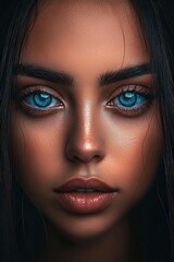 Striking portrait of a woman with luminous blue eyes and warm, tanned skin. Dramatic lighting emphasizes her captivating gaze and delicate features