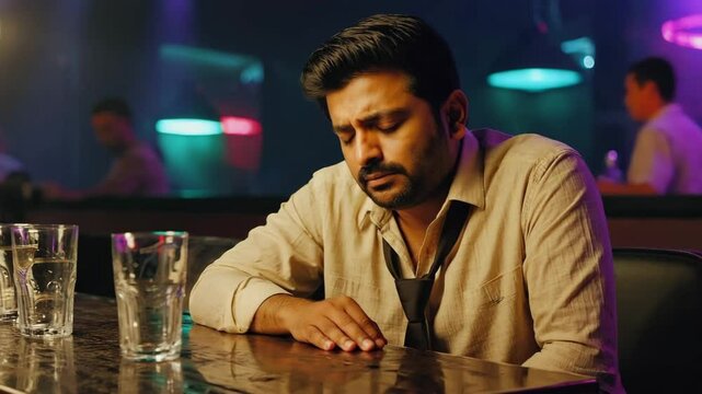 A weary Indian man rests his head beside empty glasses under neon bar lights. Concept of loneliness, regret, and silent struggle with alcohol.
