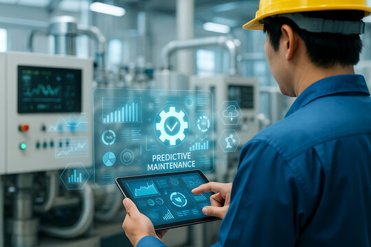AI連携で予知保全を実施する日本人作業員と爽やかな製造現場