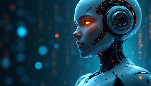 Futuristic Female AI: A detailed image captures the serene gaze of a female android.