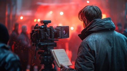 Film crew shooting a scene with camera lights and crowd in background.