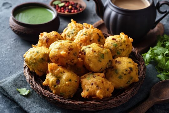 Moong Dal Fritters accompanied by Green Chutney