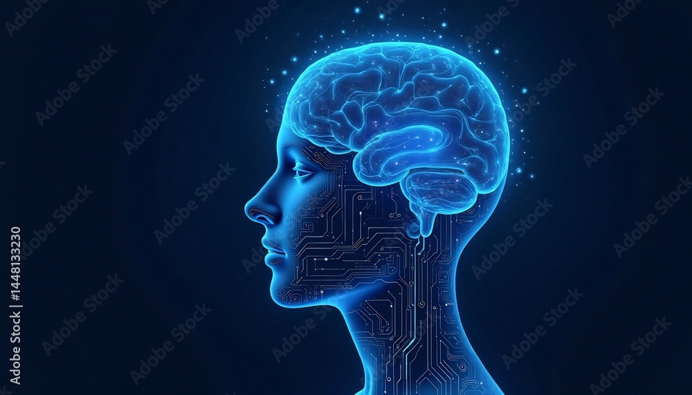 Poster digital mindscape: an ethereal, neon-illuminated human profile reveals a complex, interconnected neu