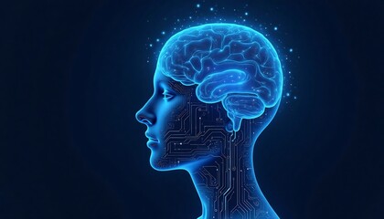 Digital Mindscape: An ethereal, neon-illuminated human profile reveals a complex, interconnected neural network representing artificial intelligence and cognitive development.