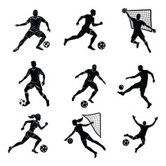 Silhouette collection of male soccer player kicking a ball. Silhouette group of football player in action pose.