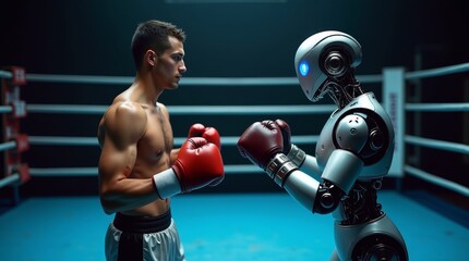 Image of a boxing match between a human and an android