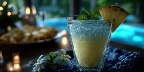 Refreshing tropical drink with a garnished pineapple slice on a summer evening