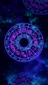 zodiac signs wheel neon lights space stars and nebula astrology animation, shiny stars night sky horoscope vertical social media motion background