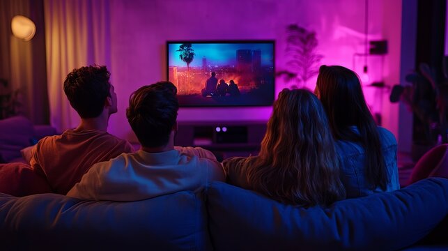 Friends Enjoying Movie Night at Home Cozy Living Room Purple Neon Lights Watching Television Together Relaxed Atmosphere Evening Entertainment Home Cinema tv fun back sofa dark     - Powered by Adobe