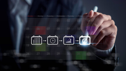 Business Success Effective Planning, Time Management and Goal Setting, Featuring a calendar with scheduled events and project timelines. Strategic planning, efficient time management and goal.