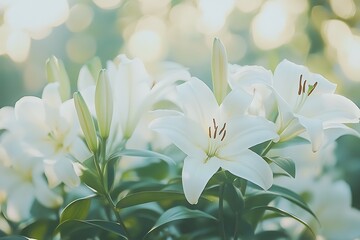 Fototapeta premium White lilies with their green stems stand out in a sundrenched natural background