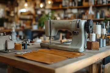 Fototapeta premium showcasing various tools and materials used for clothing and shoe repair.