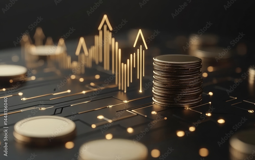 Poster stack of golden coins with rising bar graph on dark circuit board background showcasing financial gr