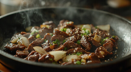 Sizzling beef stir-fry on a cast iron skillet with onions and sesame seeds