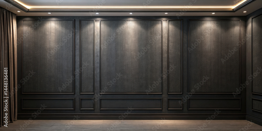 Poster dark charcoal wall with subtle fabric texture and recessed lighting creating high fidelity modern in