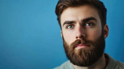 Obraz premium A man with a beard and mustache, wearing a gray sweater, standing against a blue background.