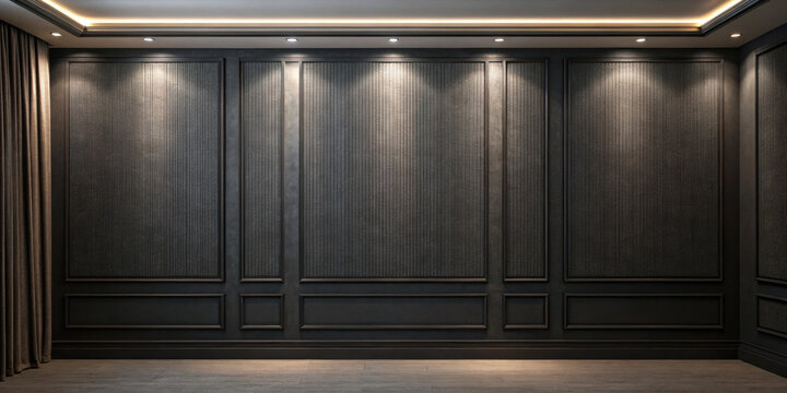 Dark charcoal wall with subtle fabric texture and recessed lighting creating high fidelity modern interior space with elegant panel design and wooden floor